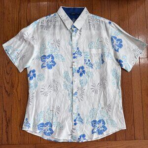 Bohio Men’s XL Hawaiian Print Linen Cotton Shirt – Blue Floral & Tan Bursts